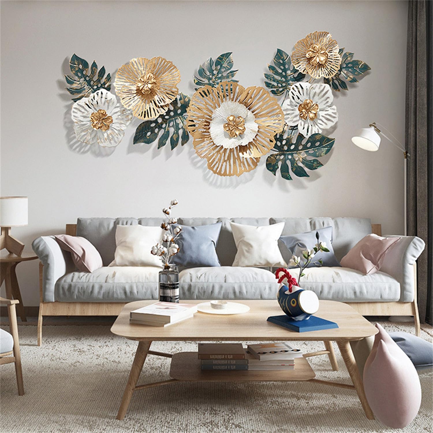 Escultura de Pared, Arte de Pared, decoración de Pared de Flores de Metal, Grandes Hojas Doradas, decoración Floral de Metal Hecha a Mano, decoración de Pared Colgante 3D para el h