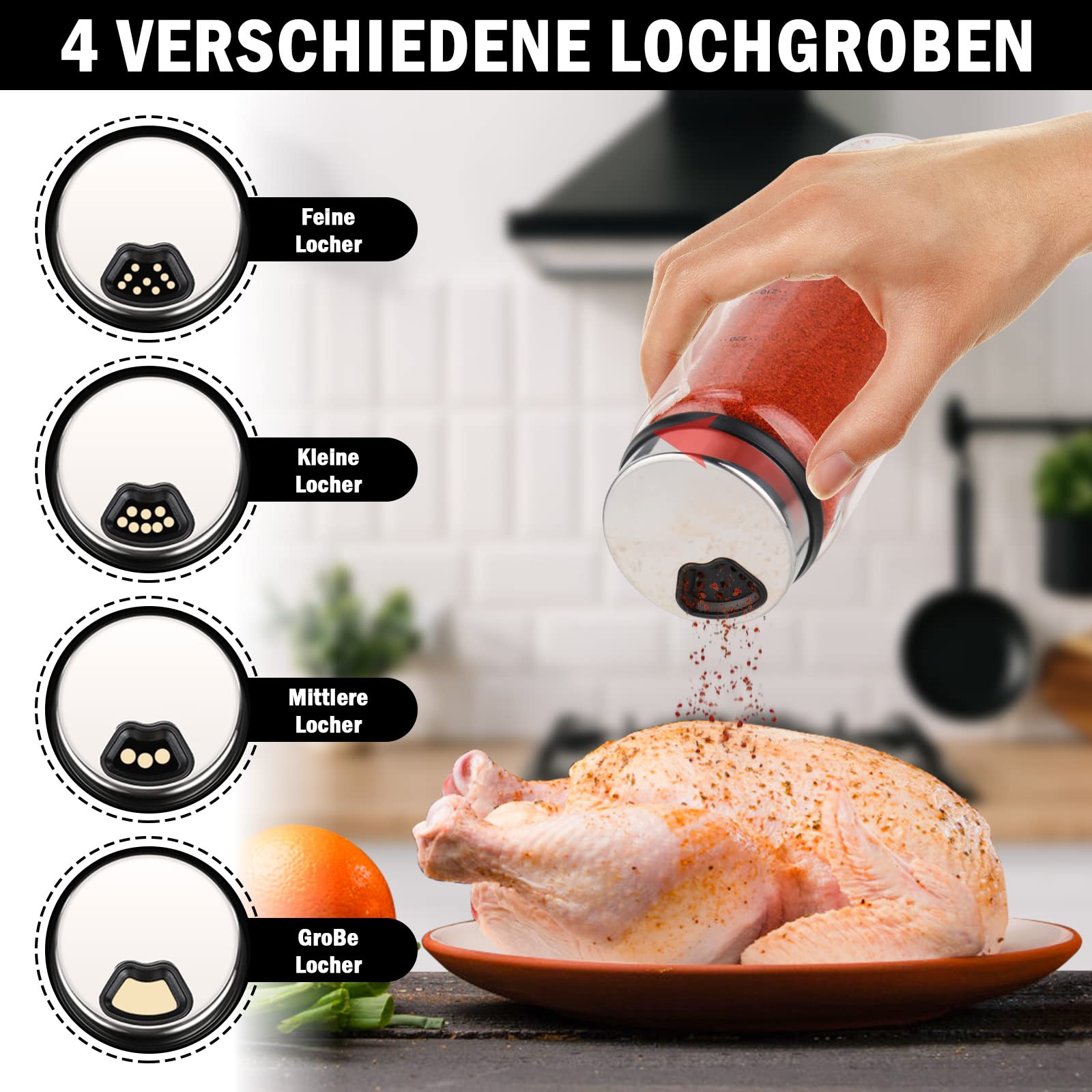 LEEPAT Boîtes à Épices Rondes En Verre Avec 4 Types De Trous - 300 Ml, Set Pour Cuisine Et Barbecue