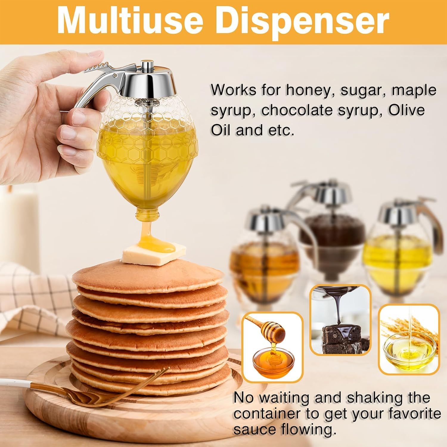 Honey Dispenser No Drip Glass 8 oz with Plastic Top, Beautiful Honeycomb Shaped Honey Jar with Stand - 6" Clear Container, Honey Pot, Maple Syrup Dispenser, Perfect Bee Decoration for Home Kitchen
