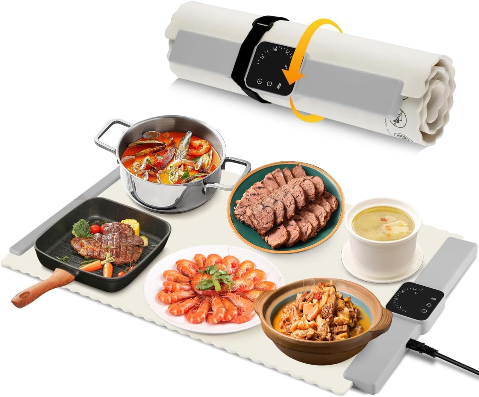 SPNOR Electric Warming Tray, Silicone Electric Warming Tray for Food, Foldable Roll up Food Warmer Plate with 5 Temperature Settings, Portable Fast Heating Mat for Parties, Buffets, Restaurants