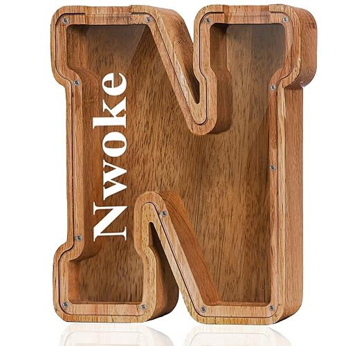 Vista 31 de Customized Name Large Wooden Piggy Bank for Boys Girls Alphabets Letter A-Z Coins Bills Money Change Bank Box Initial on Clear Cover