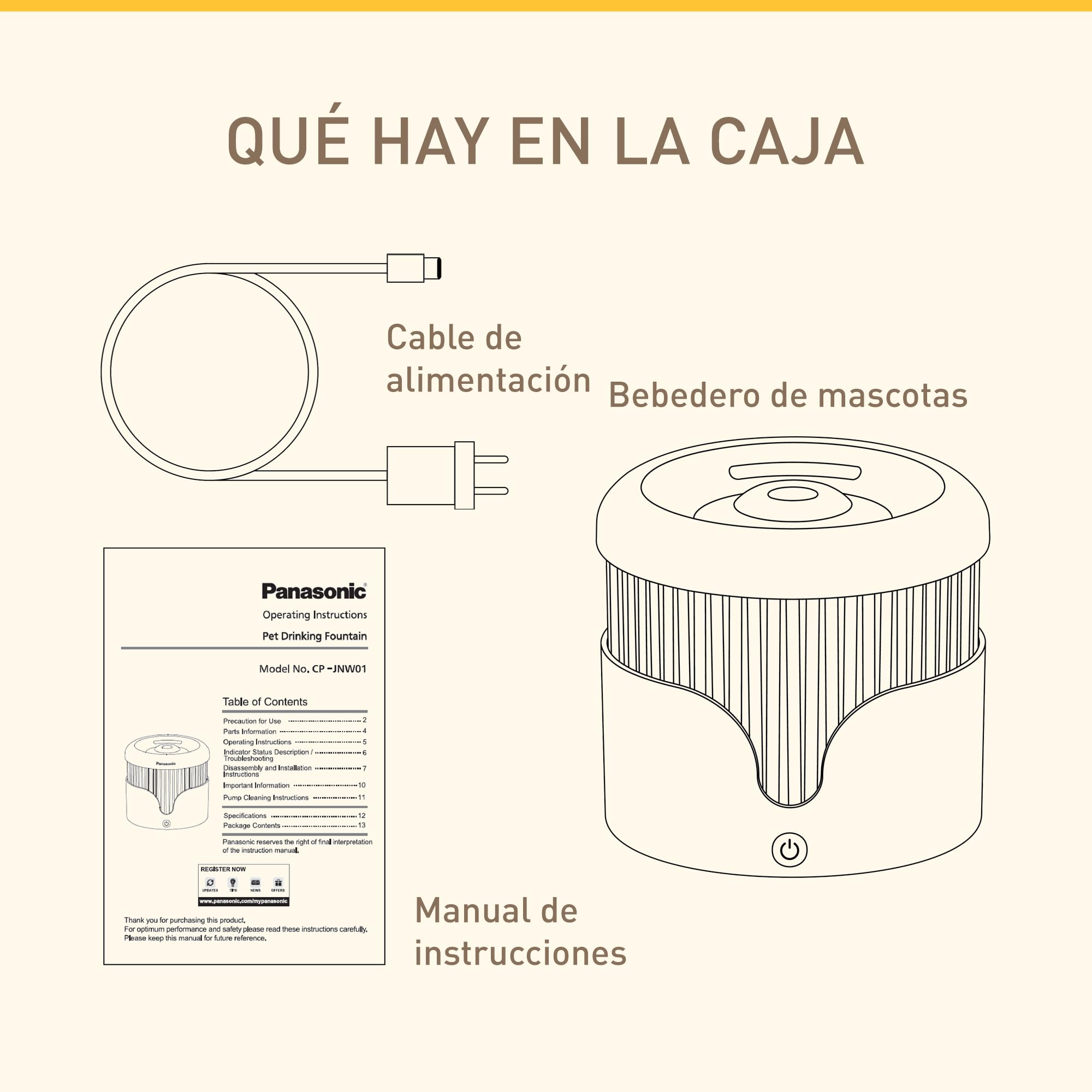 PANASONIC CP-JNW01-W Fuente de Agua para Mascotas, para Gatos y Perros de Tamaño Pequeño y Mediano, Capacidad de 1,9 L, Filtración de 4 Capas, Súper Silenciosa, Dos Modos, Blanco