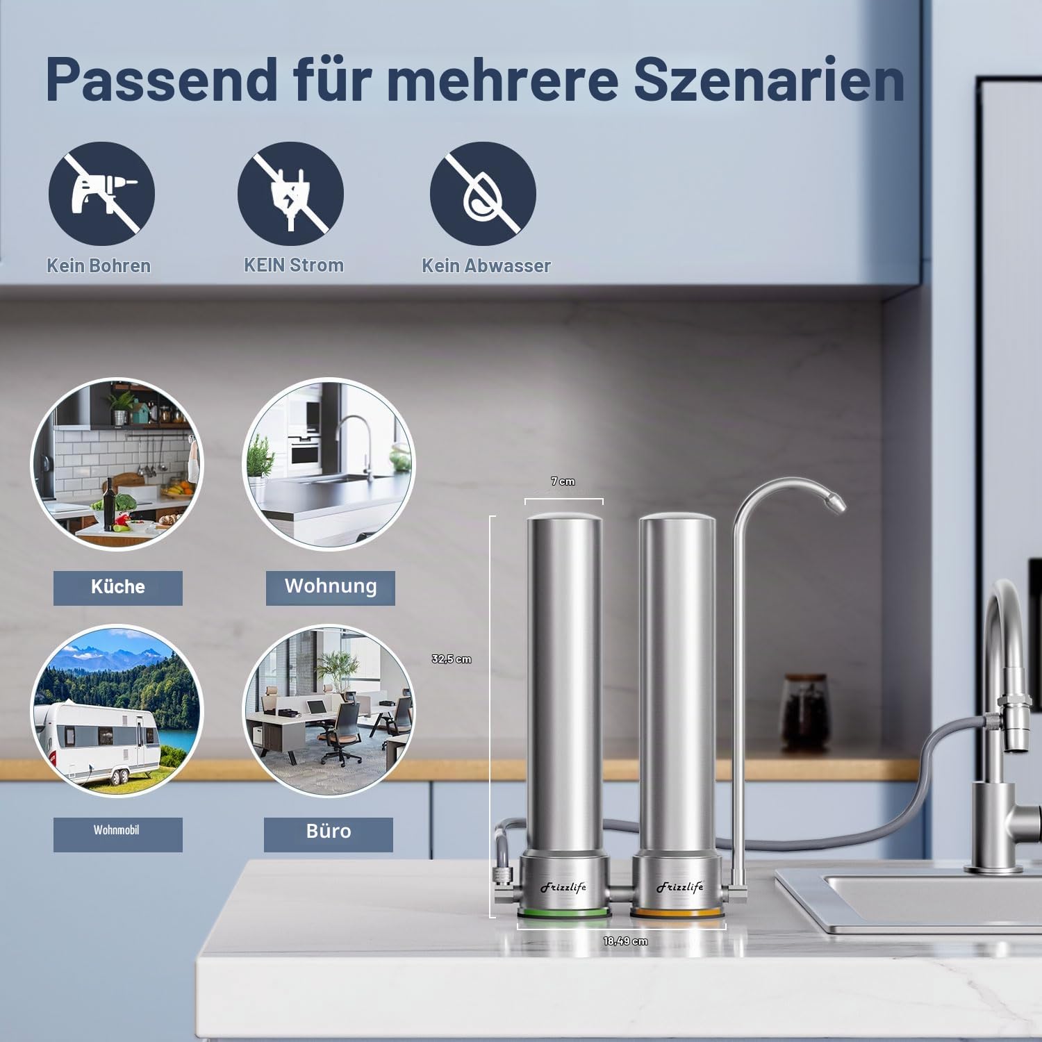 Frizzlife DS99-S Theken-Wasserfiltersystem, 7-stufige Edelstahl-Wasserfilterung, 0,5 Mikron NSF-zertifizierte Elemente reduziert 99,99% Blei, Chlor, Schwermetalle, Kalk und Kalkablagerungen