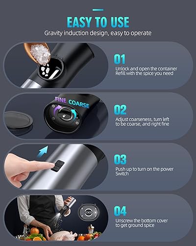 Miniatura 7 de Gravity - Juego de molinillo eléctrico de sal y pimienta, amoladora automática recargable por USB, gran capacidad, finura ajustable, operación con