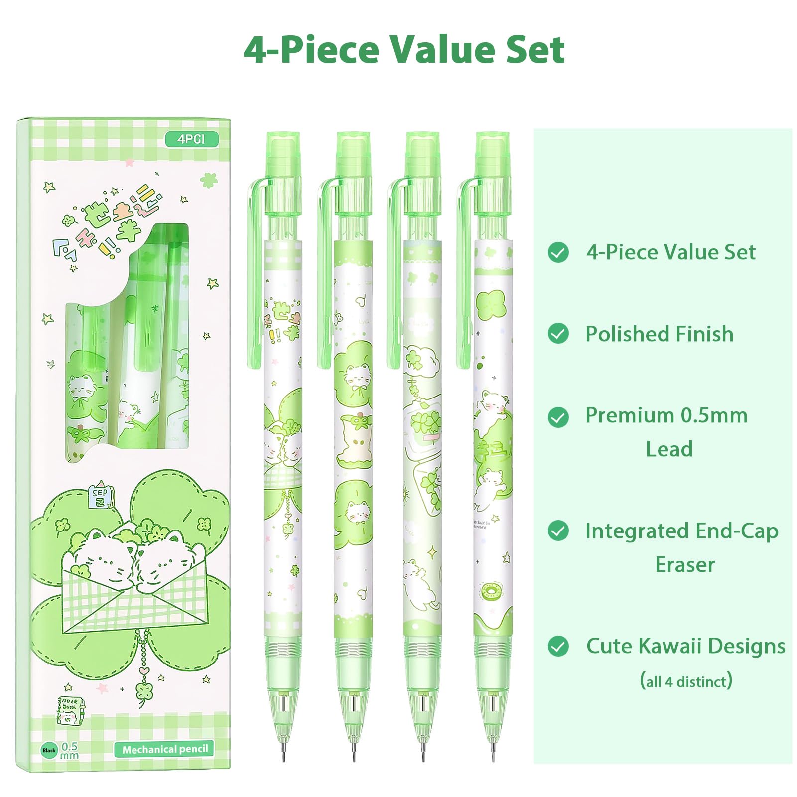 Lot de 4 porte-mines motif trèfle vert de 0,5 mm - Crayons kawaii pour l'école, le bureau, les femmes
