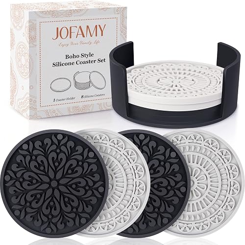 8 Pcs Boho Coasters for Drinks, Silicone Coasters with Holder, Boho Style Grooved Pattern, Tabletop Protection Coaster for Outdoor, Indoor, Coffee Table, Kitchen, Office, Bar, Heat Resistant