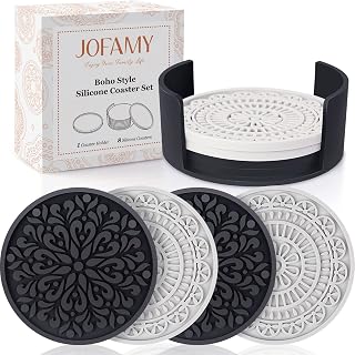 8 Pcs Boho Coasters for Drinks, Silicone Coasters with Holder, Boho Style Grooved Pattern, Tabletop Protection Coaster for Outdoor, Indoor, Coffee Table, Kitchen, Office, Bar, Heat Resistant