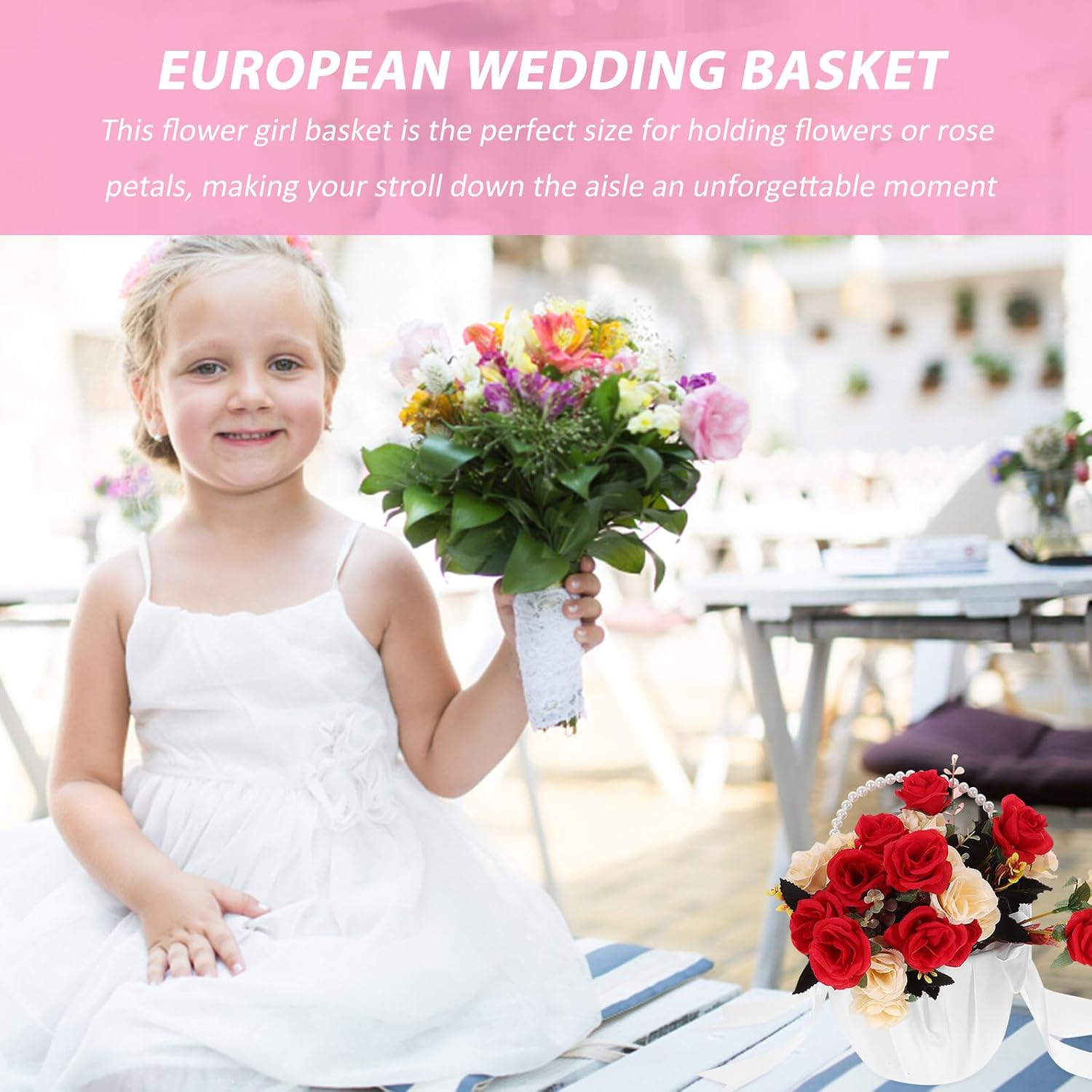Flower Girl Basket for Wedding Handheld Wedding Party Basket with Pearl Bow Handle