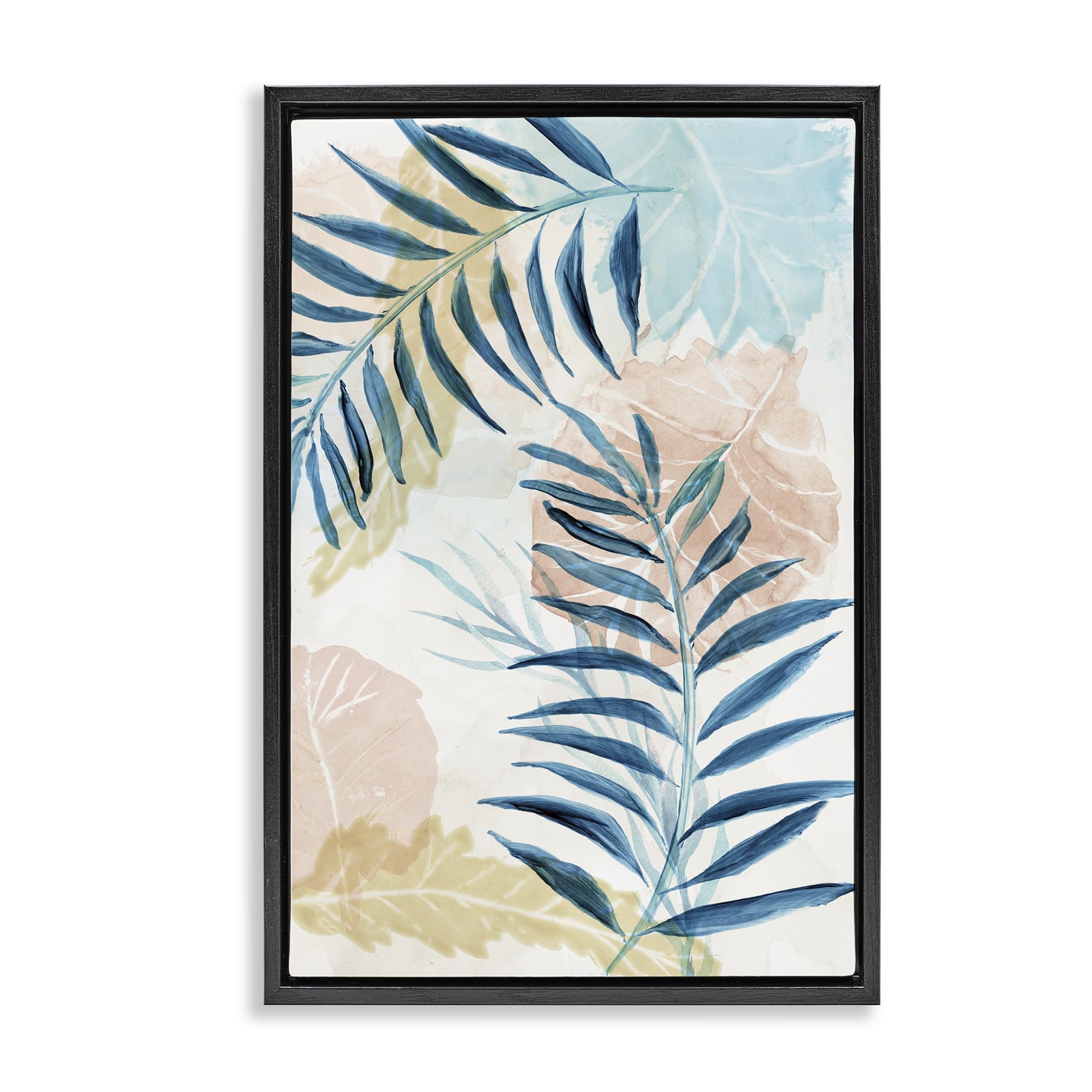 Stupell Industries Jet Black (Matte) Blue Palm Fronds Tropical Botanical, 16 X 24 Inch Canvas In Floater Frame