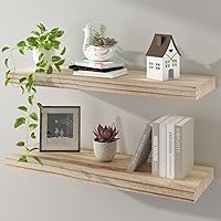 Vista 30 de Estantes flotantes de pared de madera maciza, almacenamiento para dormitorio, sala de estar, juego de 3, estantes de pared negros rústicos