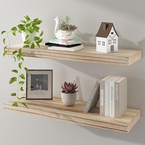 Estantes flotantes de 24 pulgadas, estante de pared de madera maciza, almacenamiento para dormitorio, sala de estar, juego de 2, estantes de pared