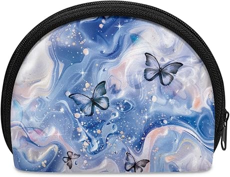 Blue Marbled Butterfly Coin Purse Organizer Pouches Girls Mini Change Holder Small Makeup Pouch Travel Bag Coins Handbag with Zipper
