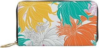 Carteiras femininas de couro genuíno desenhadas com conjunto colorido de flores porta-cartão de crédito com zíper organizador de bolsa feminina longa de viagem, Conjunto de flores coloridas desenhadas, 7x4.3x0.8 Inches