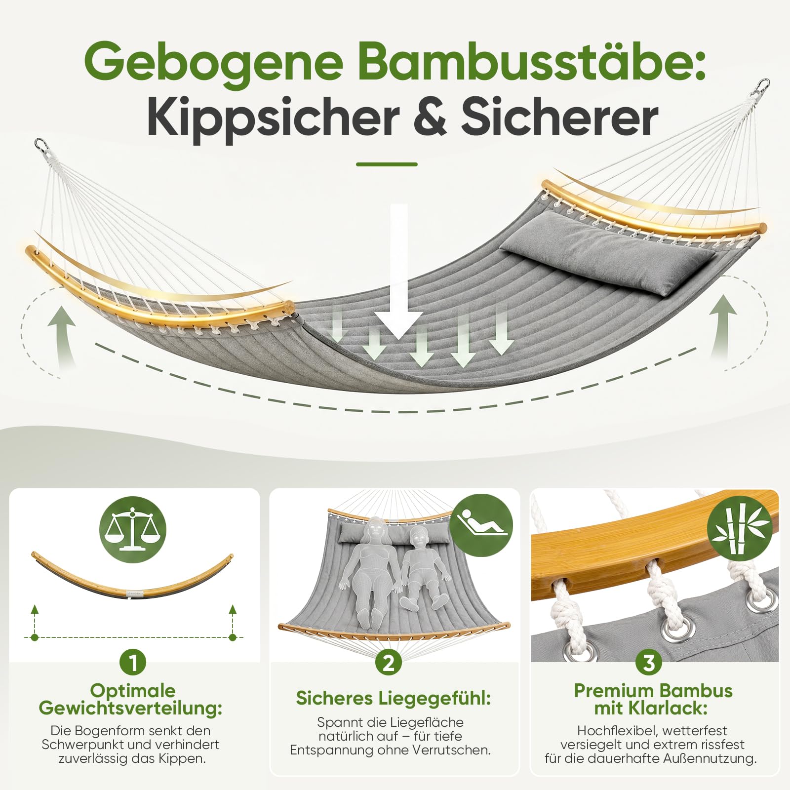 Sekey XXL Hängematte ohne Gestell für 2 Personen, 140 x 200 cm Gesteppte Doppelhängematte, bis 200 kg belastbar, inklusive Nackenkissen & Tragetasche, Stabhängematte für Garten Balkon Terrasse, Grau