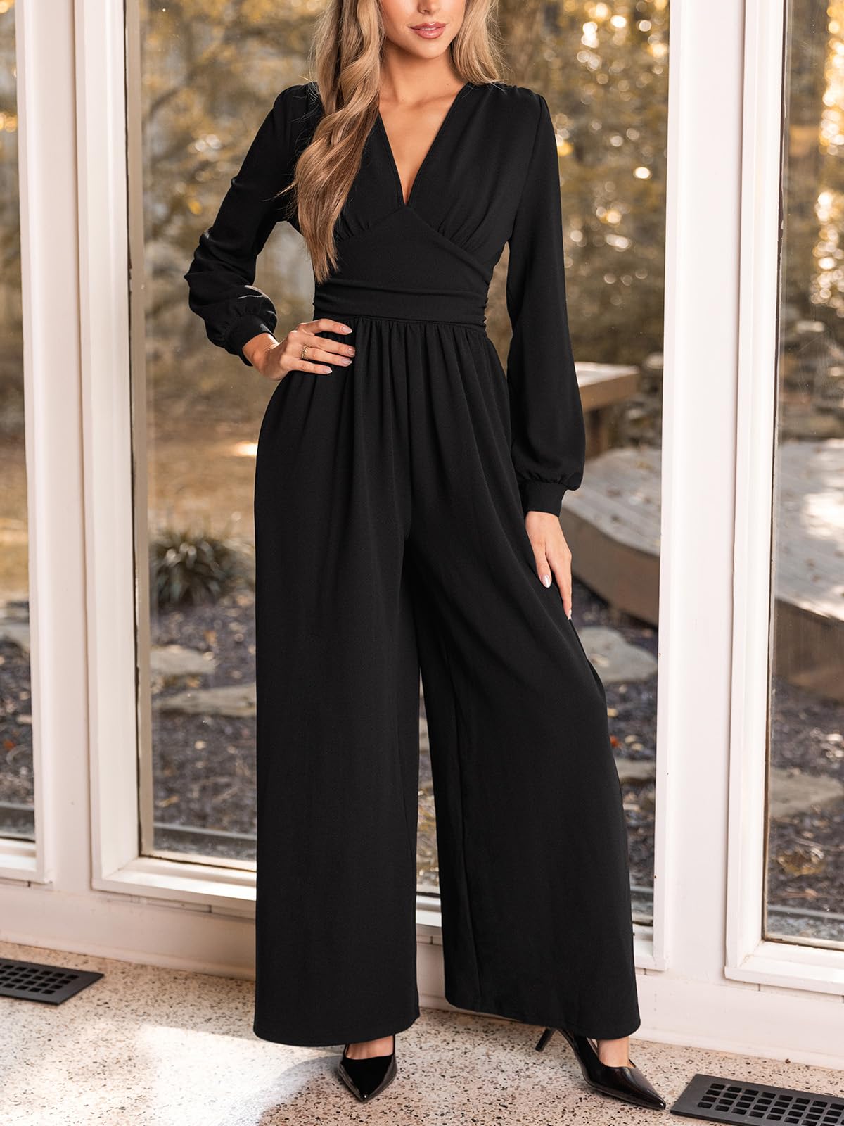 CUPSHE Tuta da donna profonda scollo a V tuta lunga manica a sbuffo gamba larga playsuit elegante casual ufficio pantaloni tuta
