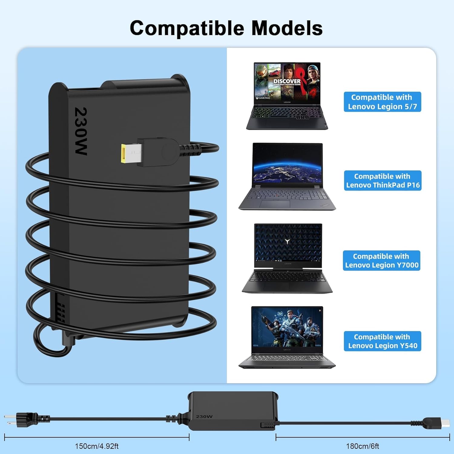 230W Slim Tip Laptop Charger Compatible with Lenovo Legion 5 7 5P S7 C7, Legion Pro 5 16, Legion Slim 5 16, ThinkPad P50 P51 P52 P53 P70 P71 P72 P73, 20V 11.5A AC Adapter Power Supply