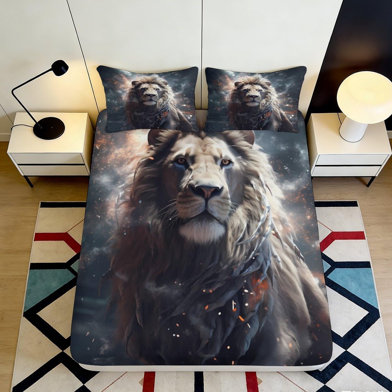 3D Printed Lion 3D Fitted Sheet Microfiber Soft Durable Lion Face Bed Cover for Bedroom Dormitory Guest Room Mattress Protection Home Decor 160x200x25cm