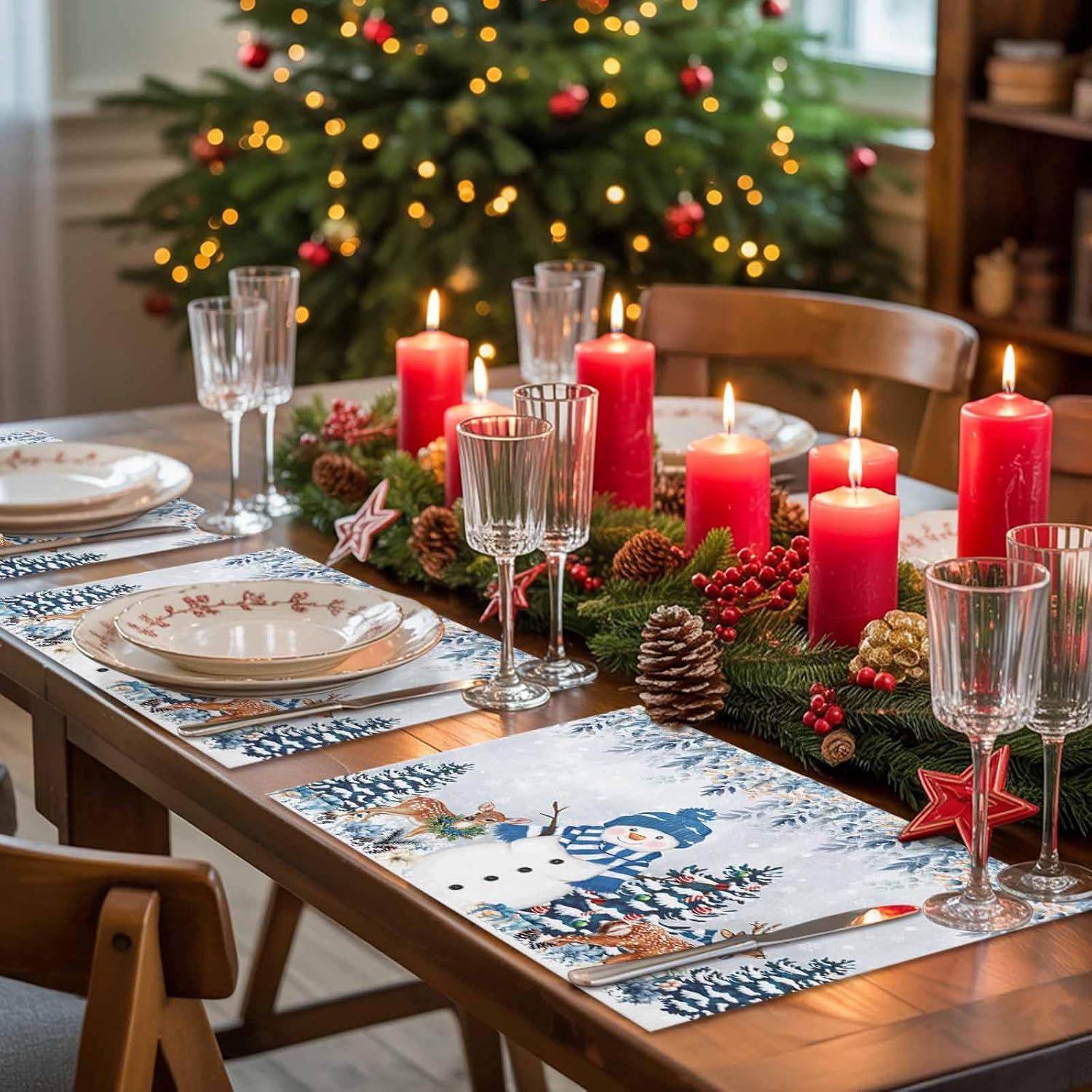 Christmas Placemat Snowman Reindeer Non-Slip/Wipe Clean Linen Dining Table Mat Set Flower Leaf Berry Snowflake Heat-Resistant Table Liner for Holiday/Party, Table Decoration Anniversary Set of 8