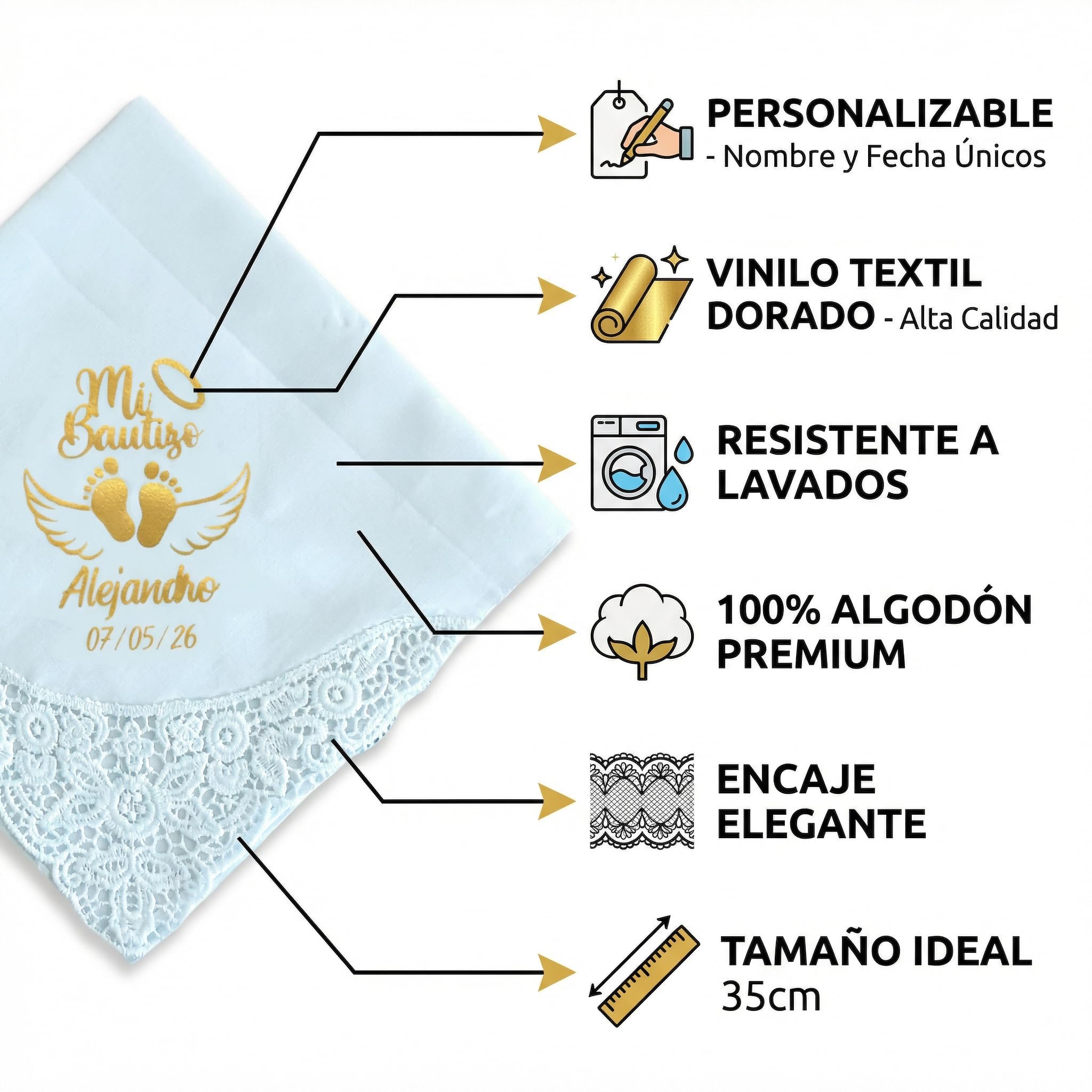 Pañuelo para Bautizo Personalizado con Nombre y Fecha, 35x35cm. | Puntilla en una esquina, Color Blanco, 1 Unidad