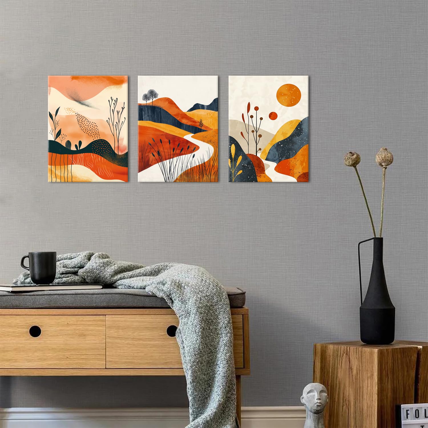 Set of 3 Boho Framed Wall Art for Living Room Abstract Mountain Desert Bedroom Pictures Mid Century Modern Wall Decor Orange Boho Home Decor Minimalist Neutral Artwork Office Decorations 30x40cm - Image 4
