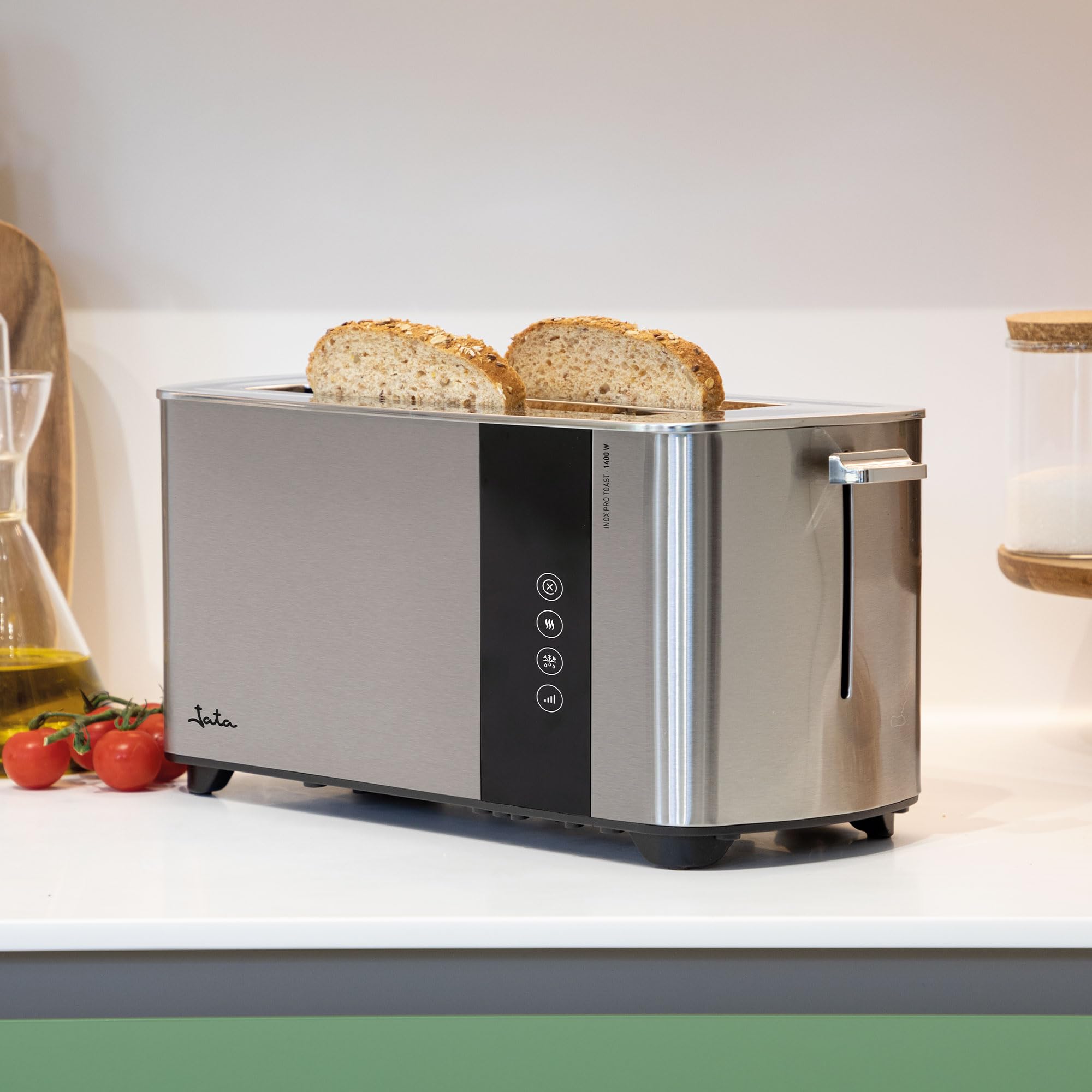 JATA JETT1146 - Tostadora Digital Inox de Ranura Larga Doble 1400W, 7 Niveles de Tostado, Pantalla Táctil, Descongelación, Recalentado y Cancelación, Acero Inoxidable