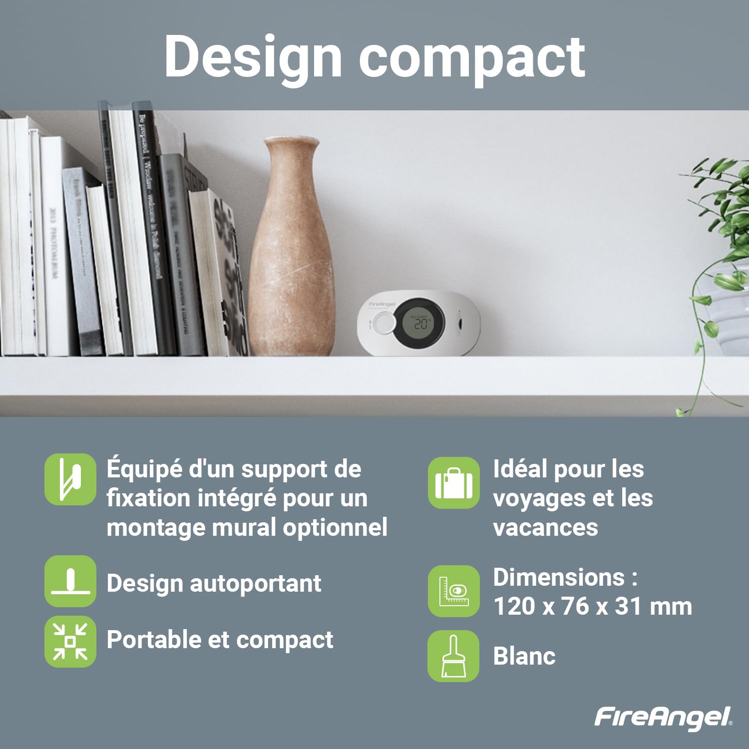 FireAngel FA3322, Détecteur de Monoxyde de Carbone Numérique, Moniteur de Détecteur de CO, capteur d'humidité et température Portable avec Pile 10 Ans, NF certifié