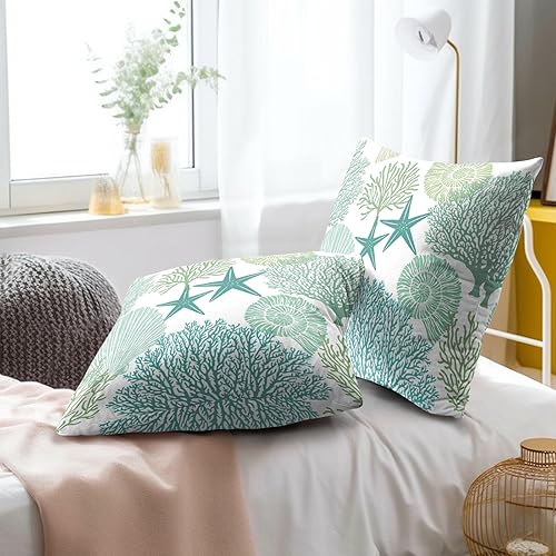 Miniatura 6 de Juego de 2 fundas de almohada cuadradas de algodón suave con temática náutica costera de verano, 18 x 18 pulgadas, diseño de conchas marinas y