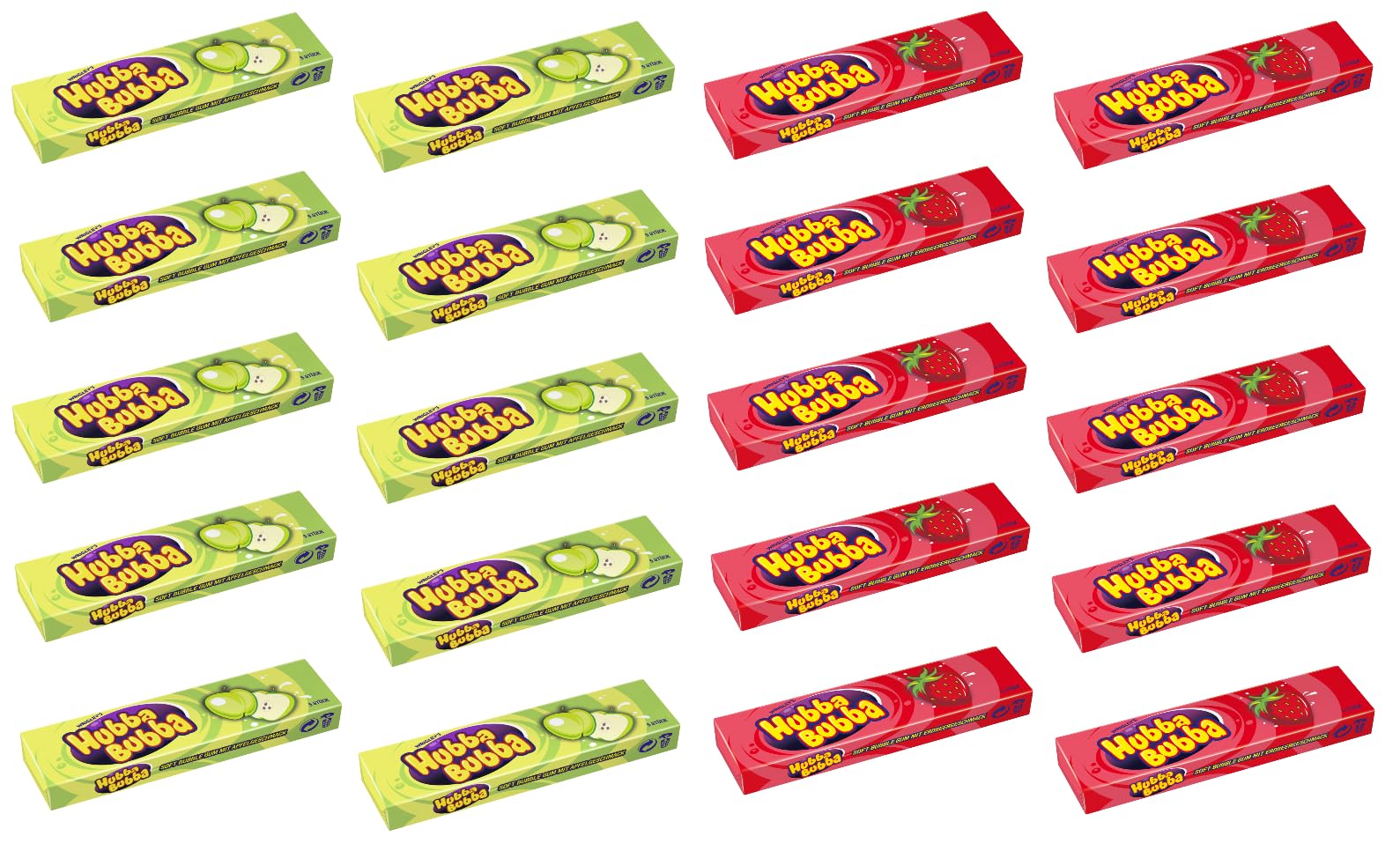 HUBBA BUBBA Kaugummi Mix Apfel & Erdbeere (2x10) 20 Packungen 5 Kaugummi pro Pack Süßigkeiten Fruchtig