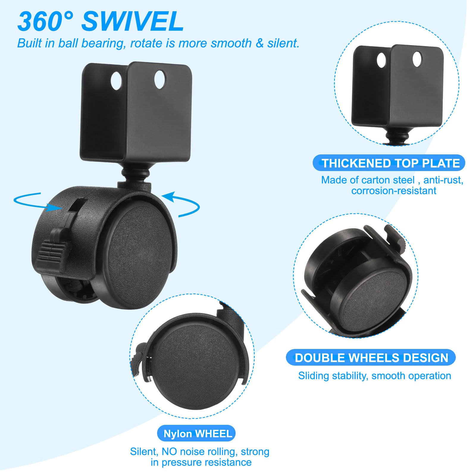 PATIKIL Rueda Giratoria De 1.5" Con Soporte En U De 0.79", Juego De 4 Ruedas Giratorias De Nylon 360° Sin Ruido Con Frenos Para Patas De Muebles Negro
