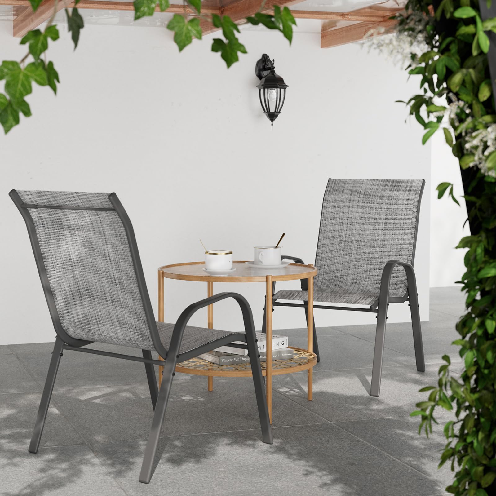 UDPATIO 6er Set Gartenstühle Stapelbare, 55cm Breiter Hochlehner Gartenstuhl, Stapelstühle aus Textilene, Atmungsaktive Terrassenstühle für Balkon, Terrasse, Garten, Grau