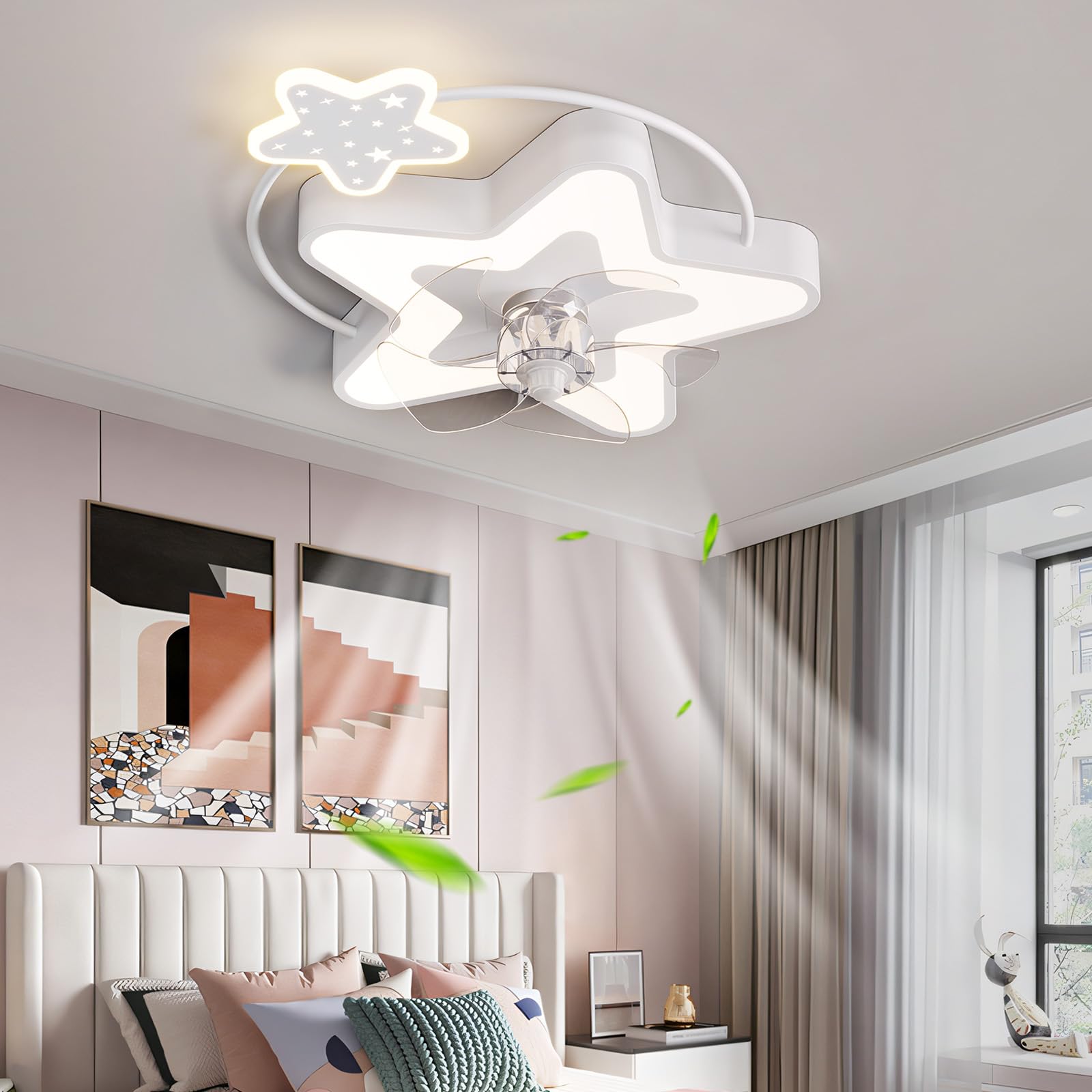 LED Ceiling Fan Lamp Children Star and Remote Control Quiet Light Ceiling Fan Smart Dimmable 6 Speeds Ceiling Fan with Modern Light 40W Bedroom 5 Blades