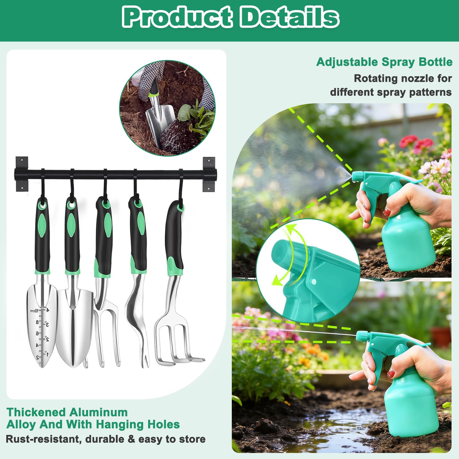 10 Pièces Kit Outils Jardinage Adulte avec Sécateur, Vaporisateur, Genouillères, Gants Travail, Petite Pelle, Houe, Sarcloire et Sac Toile, Outillage de Jardin pour Entretien Plantes Extérieur