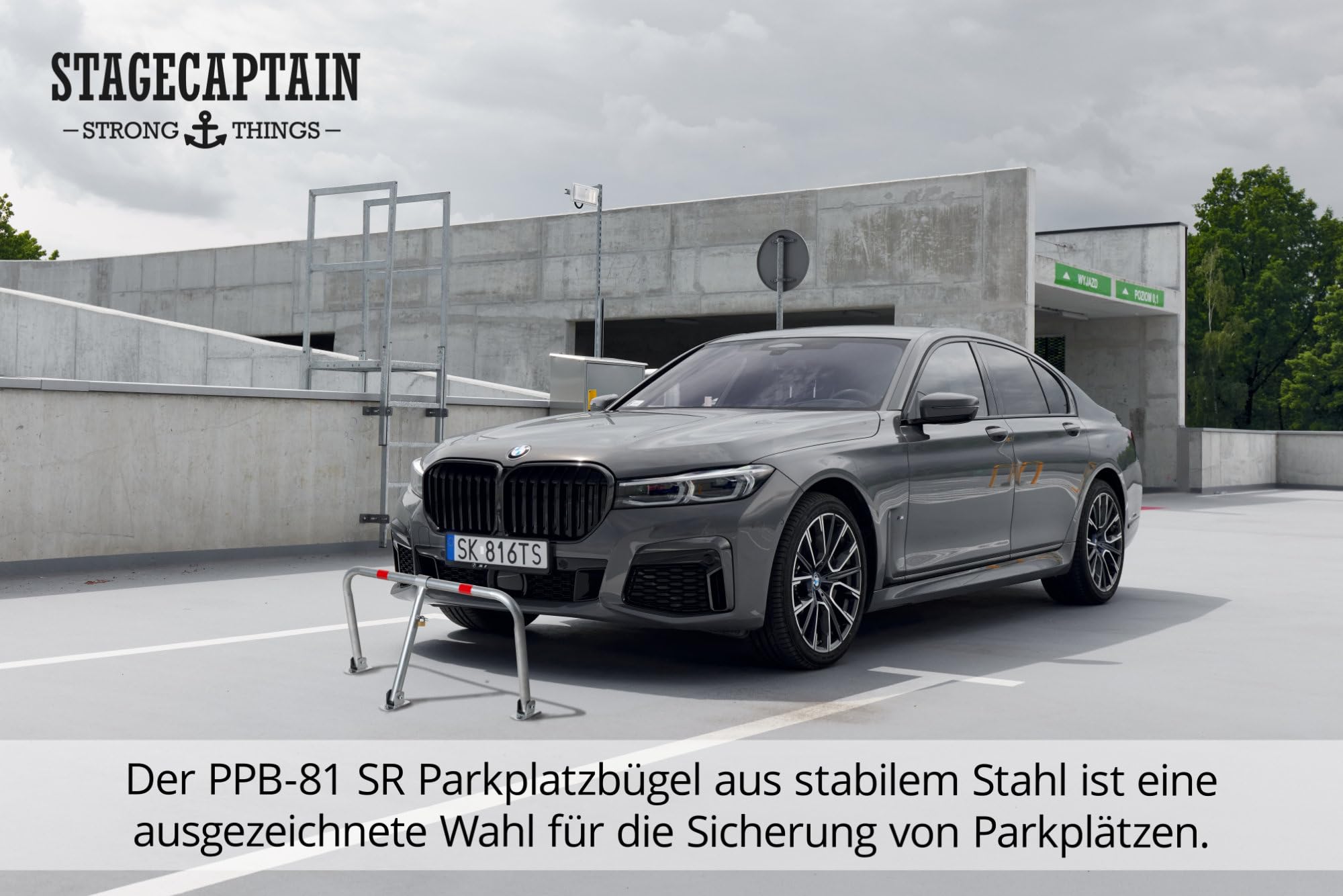 Stagecaptain PPB-81 SR Parkplatzbügel - stabile Parkplatzsperre aus galvanisiertem, pulverbeschichtetem Stahl - Abschließbar (3 Schlüssel inklusive) - Mit Reflektorstreifen und Montagematerial