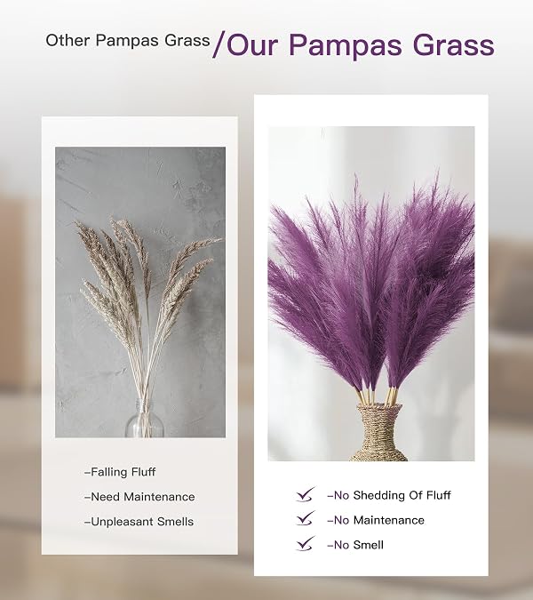 MUUNC 9 Pcs 45" Tall Pampas Grass Purple Decor, Long Stem Artificial Flower Floor Vase Large Faux Floral Pompas Fake Plants Dried Bouquet Arrangement Vase Filler for Boho Home Wedding Decoration by MUUNC - Used condition - Image 4