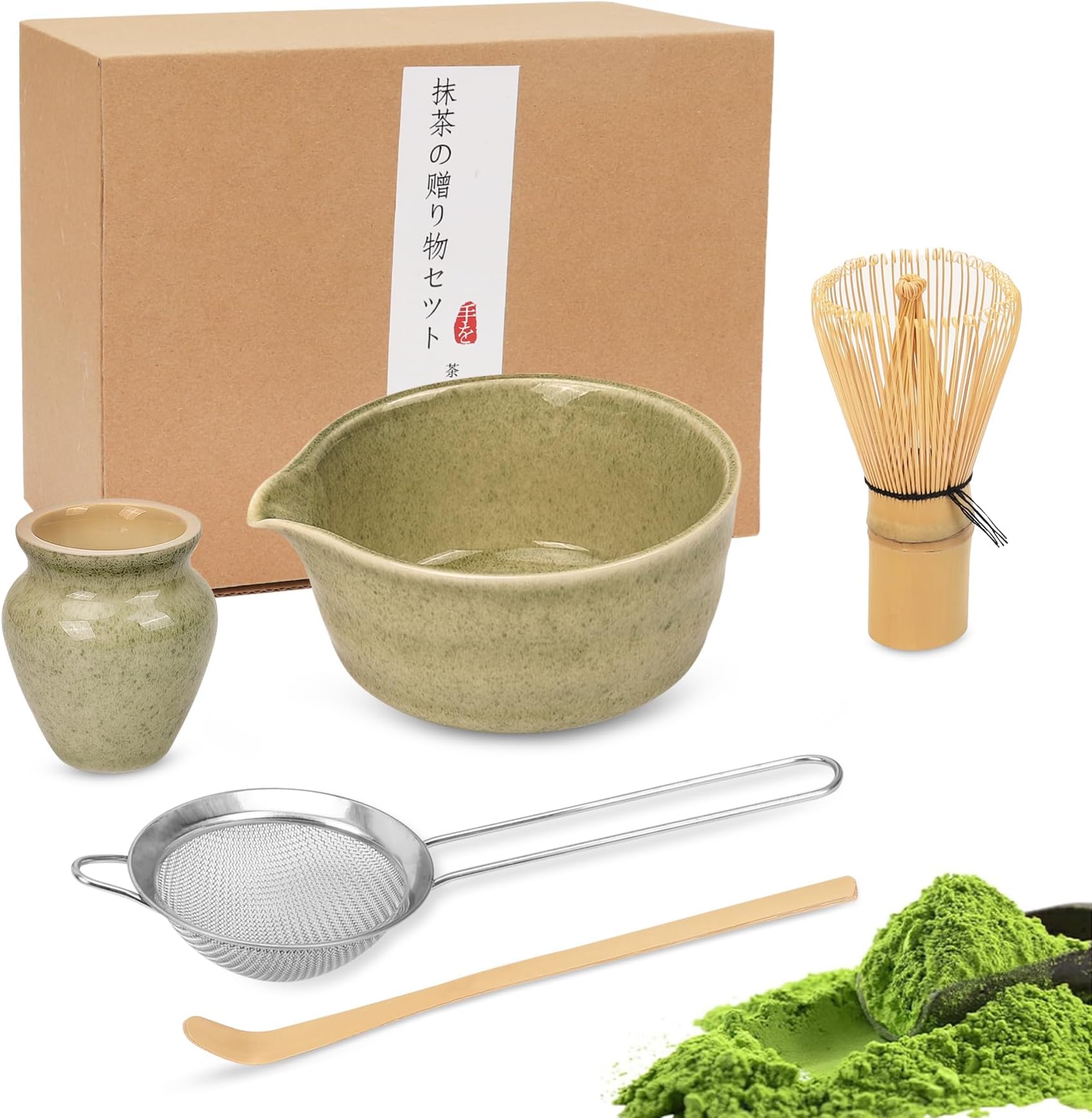 Premium Matcha Tea Set with Bamboo Whisk, Ceramic Bowl Scoop & Holder Complete Matcha Making Kit for Traditional Japanese Tea Ceremony Ideal Matcha Gift Set for Beginners and Enthusiasts