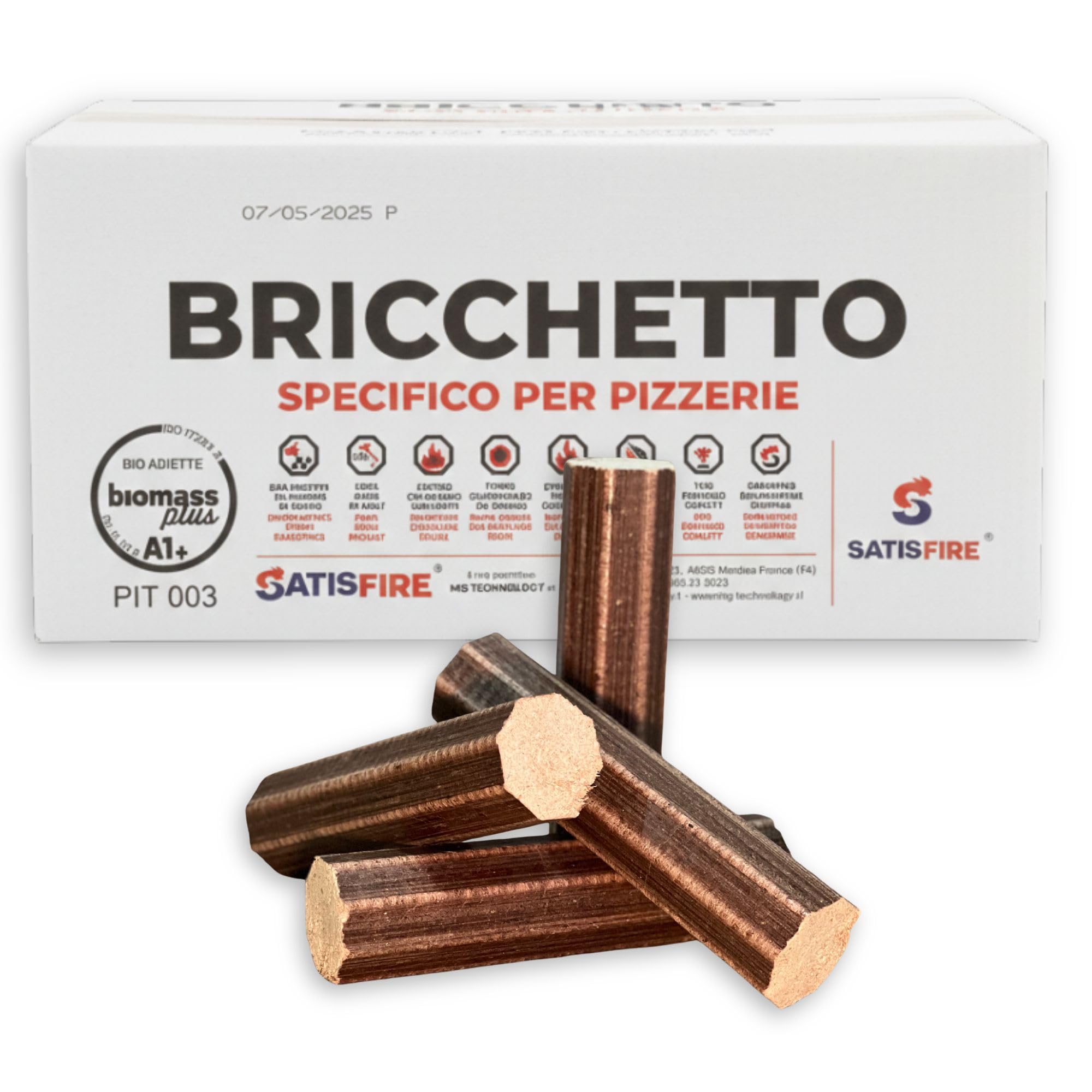 SATISFIRE Bricchetto in Legno 100% Faggio Ottagonale per Forni e Pizzerie – Tronchetto Alto Potere Calorifico, Lunga Durata e Basso Fumo – Certificato Alimentare (3 Scatole, 24 Tronchetti)