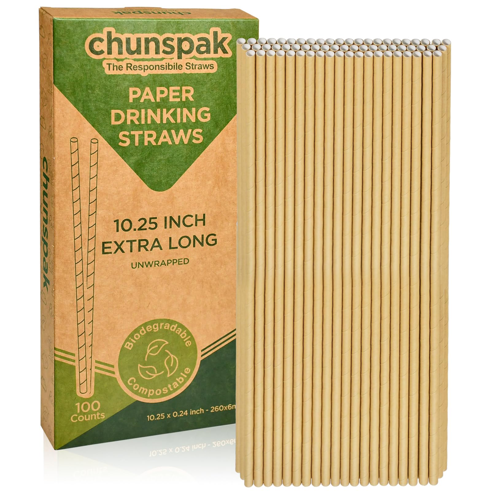 10 Inch Long Paper Drinking Straws Biodegradable - For 20oz to 32oz Tall Cups, Tumblers, Bottles - Brown Kraft, 100
