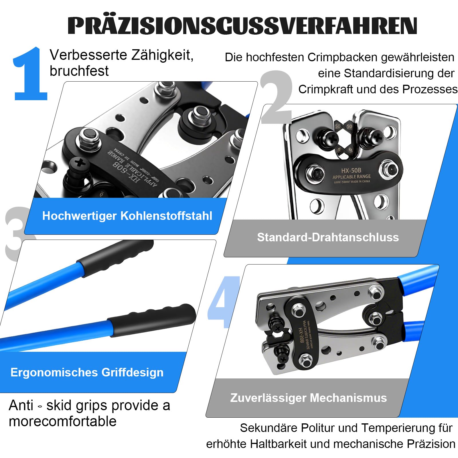 Crimpzange Kabelschuhe AWG Draht Crimper mit 100 Stück Schrumpfschlauch und 60 Kupferanschlüsse, batteriekabelschuh Crimpzange für Kabelhülse zwischen 6-50 mm²