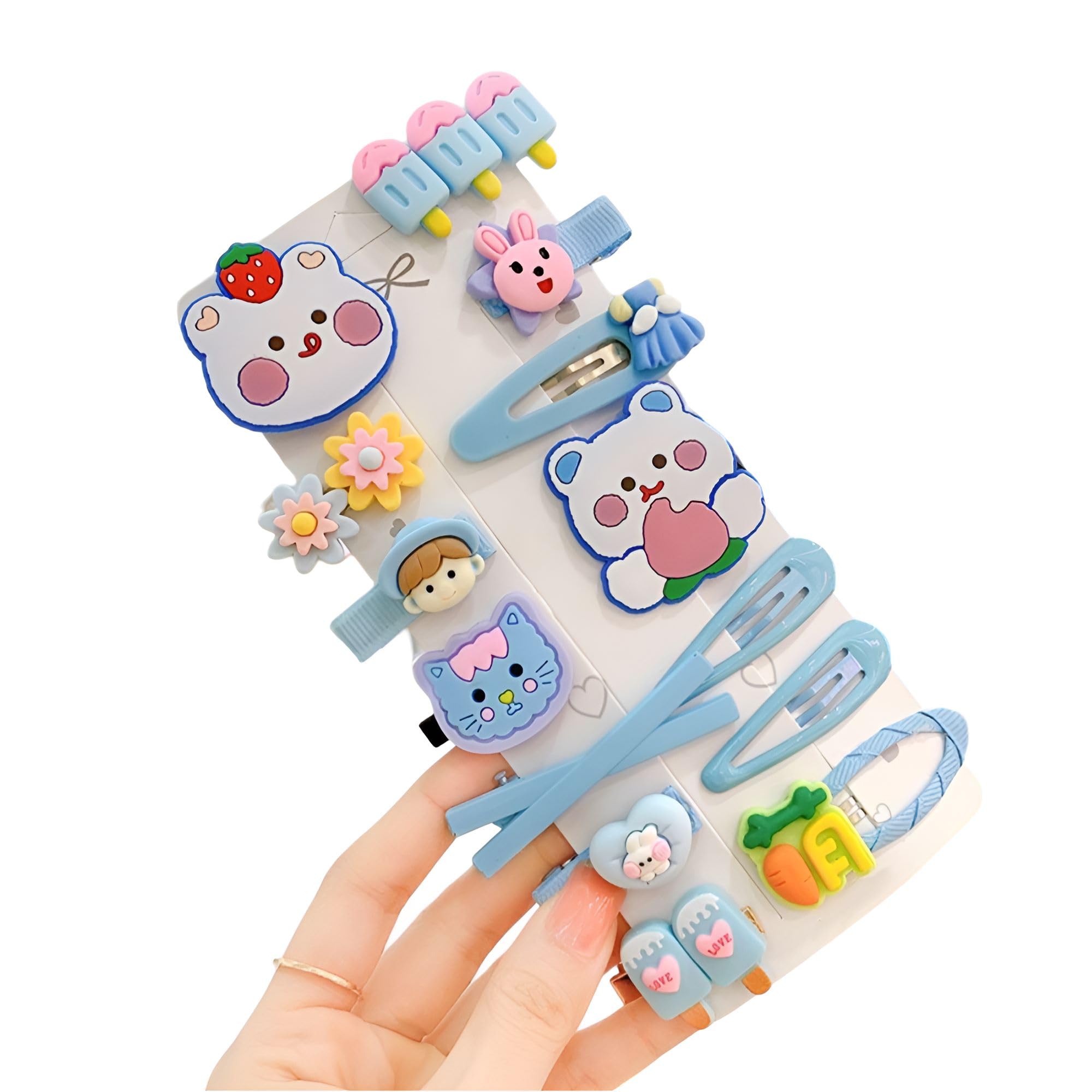 SYGA 14-Piece Baby Hair Clip Set for Girls Cute Cartoon & Floral Patterns Hair Pin Cute Bear, Cat, Ice cream, Flower- Blue-image-21