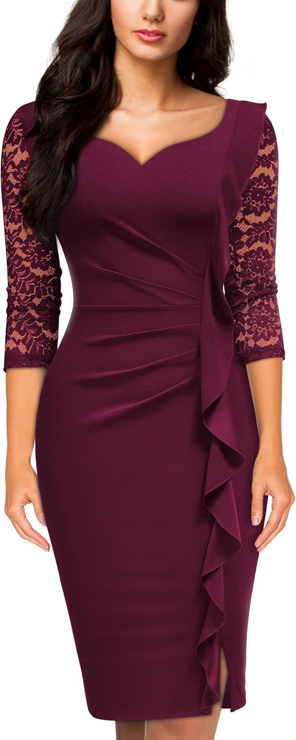 Miusol Women's Classy V-Neck Floral lace 3/4 Sleeve Cocktail Party Dress