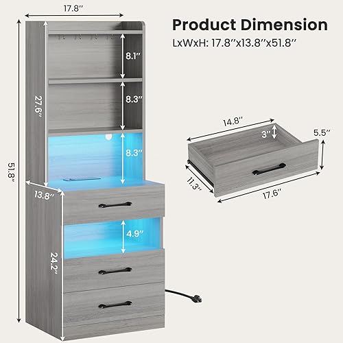 Miniatura 2 de VIAGDO Juego de 2 mesitas de noche altas con estación de carga y luces LED, juego de 2 mesitas de noche grises con estantería, modernas mesas de