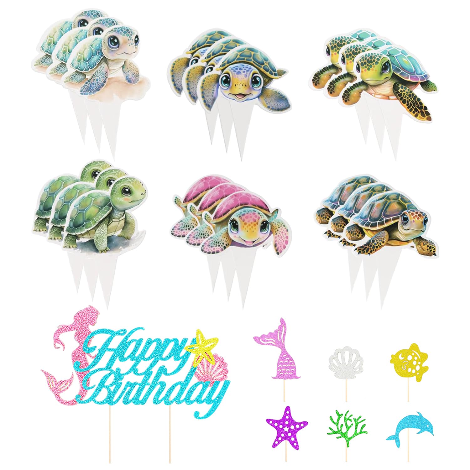 Rnskfg Multicolor 36 Pieces Of Turtle Small Card Inserts And 7 Pieces Of Marine Birthday Card Inserts, Creative Birthday Card Inserts, Cake Decoration Accessories, And Party Decoration Supplies.
