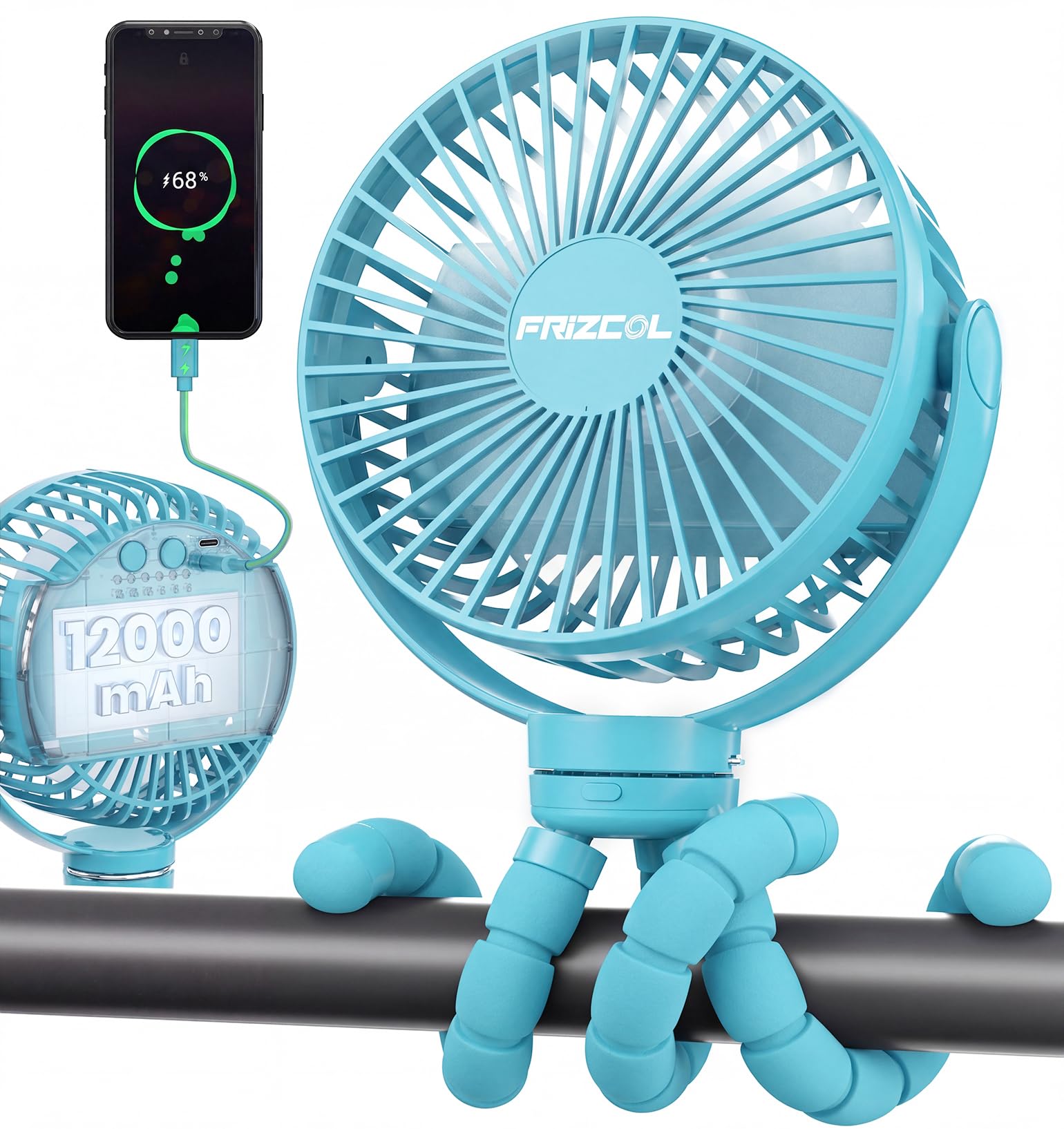 FRIZCOL 12000mAh Portable Stroller Fan 65Hours As Power Bank Baby Clip Fan