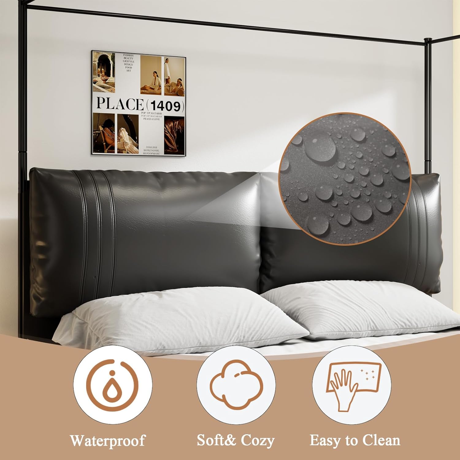 Modern Canopy Bed Frame with Upholstered Faux Leather Headboard – Tall Four Poster Metal Platform Bed, No Box Spring Needed, King Size, Black