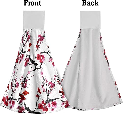 Miniatura 3 de Giwawa Toallas colgantes de cocina con diseño de flor de cerezo, 2 toallas de lazo a mano con lazo y gancho, bonita pintura de tinta floreciente,