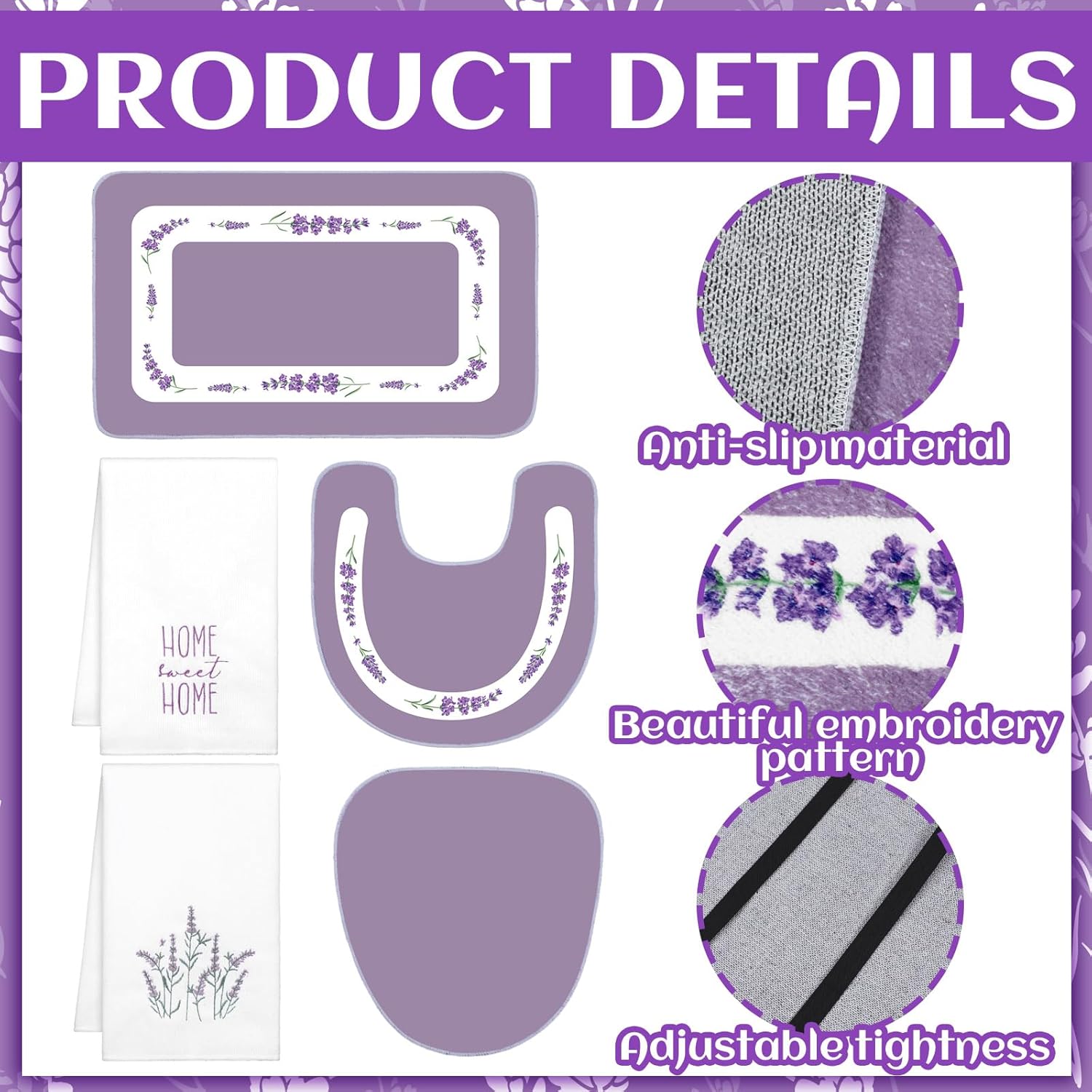 Nuanchu 6 Pcs Spring Lavender Purple Bathroom Rugs Set 2 Floral Hand Towels 2 Water Absorption Bath Mat 1 Non Slip U-Shaped Toilet Rugs 1 Toilet Lid Cover for Spring Bathroom Bedroom Living Room