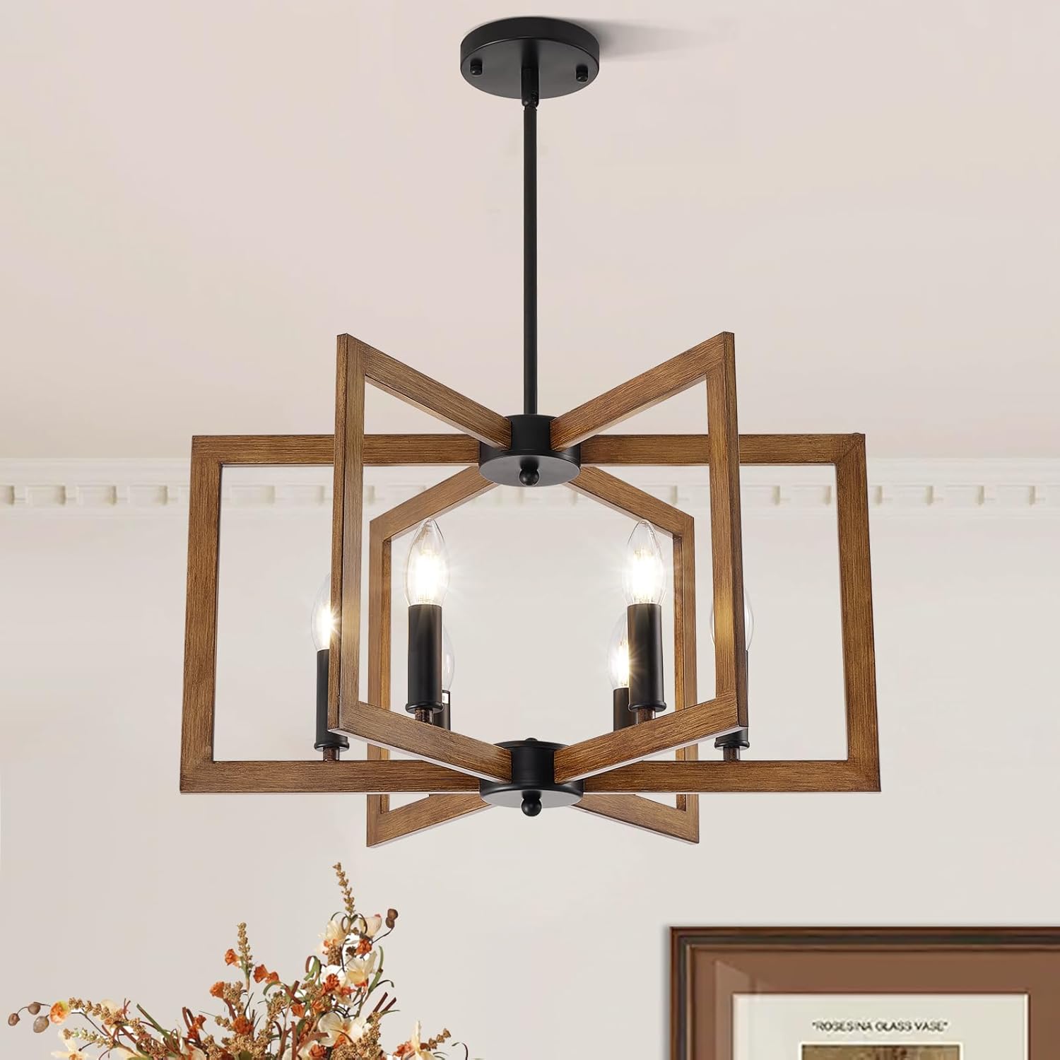 Farmhouse Chandelier, 6-Light Modern Geometric Dining Room Chandelier, Rustic Foyer Lighting Fixtures, Wood Grain Pendant Lights for Living Room, Dining Room, Bedroom, Kitchen Island, Entryway