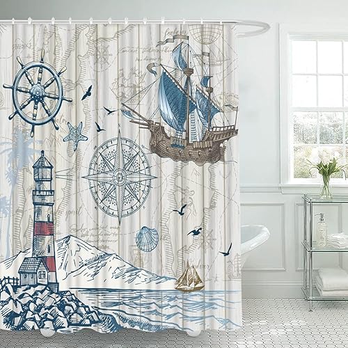 Miniatura 2 de Cortina de ducha de 72 x 72 pulgadas con mapa náutico de velero, brújula rústica, juego de baño para niños y niñas, barco pirata, decoración de