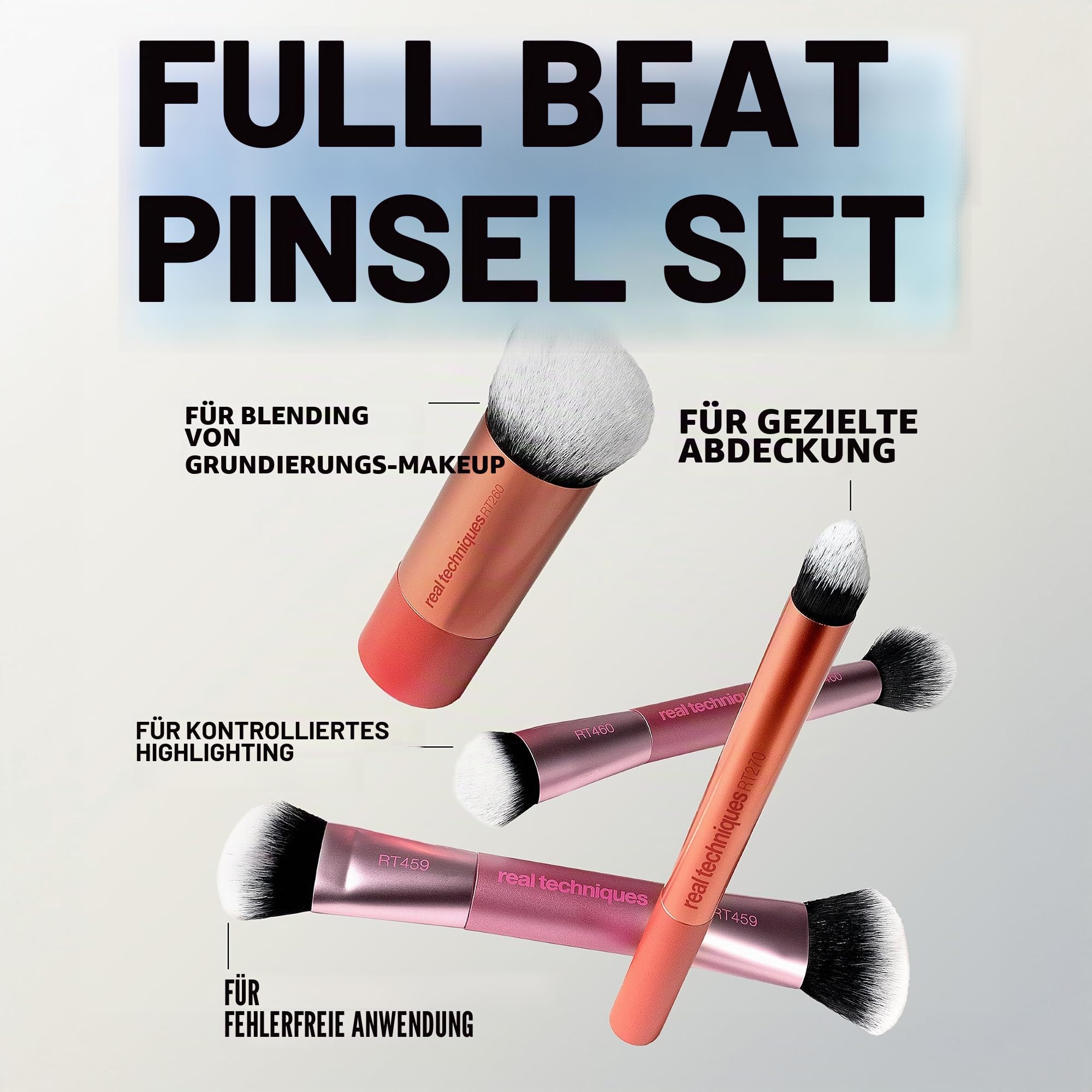 Real Techniques Make-up Pinselset Full Beat, 4-teiliges Set für Foundation, Concealer Rosa, Kontur, Beleuchten und Mischen Puder, Reisegepulver, Weiches Haar ultraflach, ohne