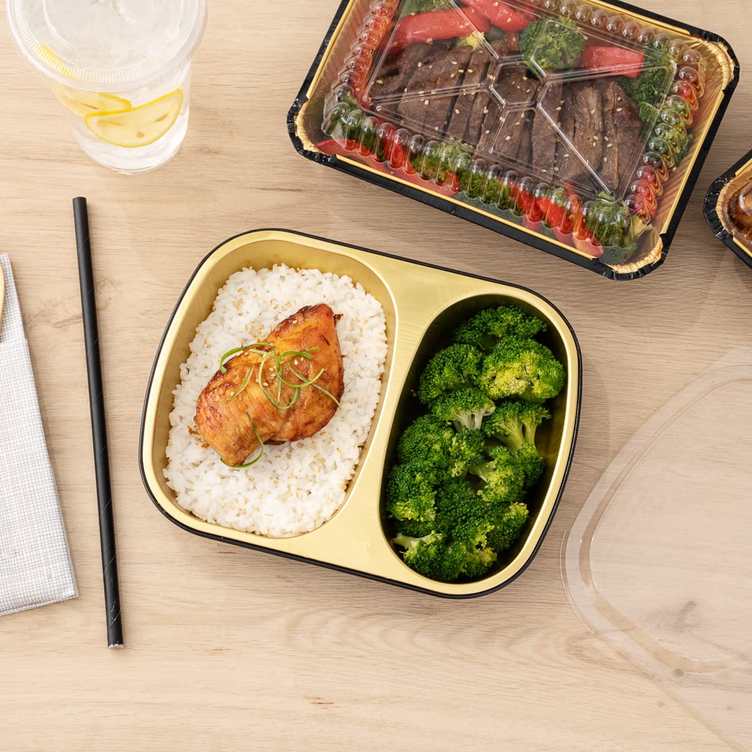 Restaurantware Foil Lux - Recipientes de aluminio para alimentos de 28 onzas, 100 bandejas rectangulares de aluminio, las tapas se venden por separado, 2 compartimentos, recipientes de aluminio negro
